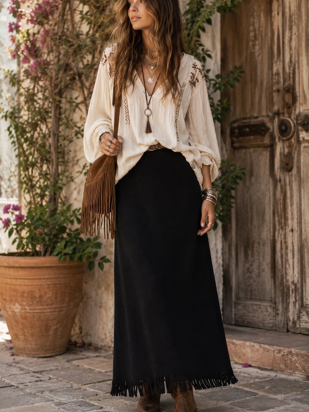 Women's Black Maxi Fringe Hem Skirt - Timeless Everyday Elegance
